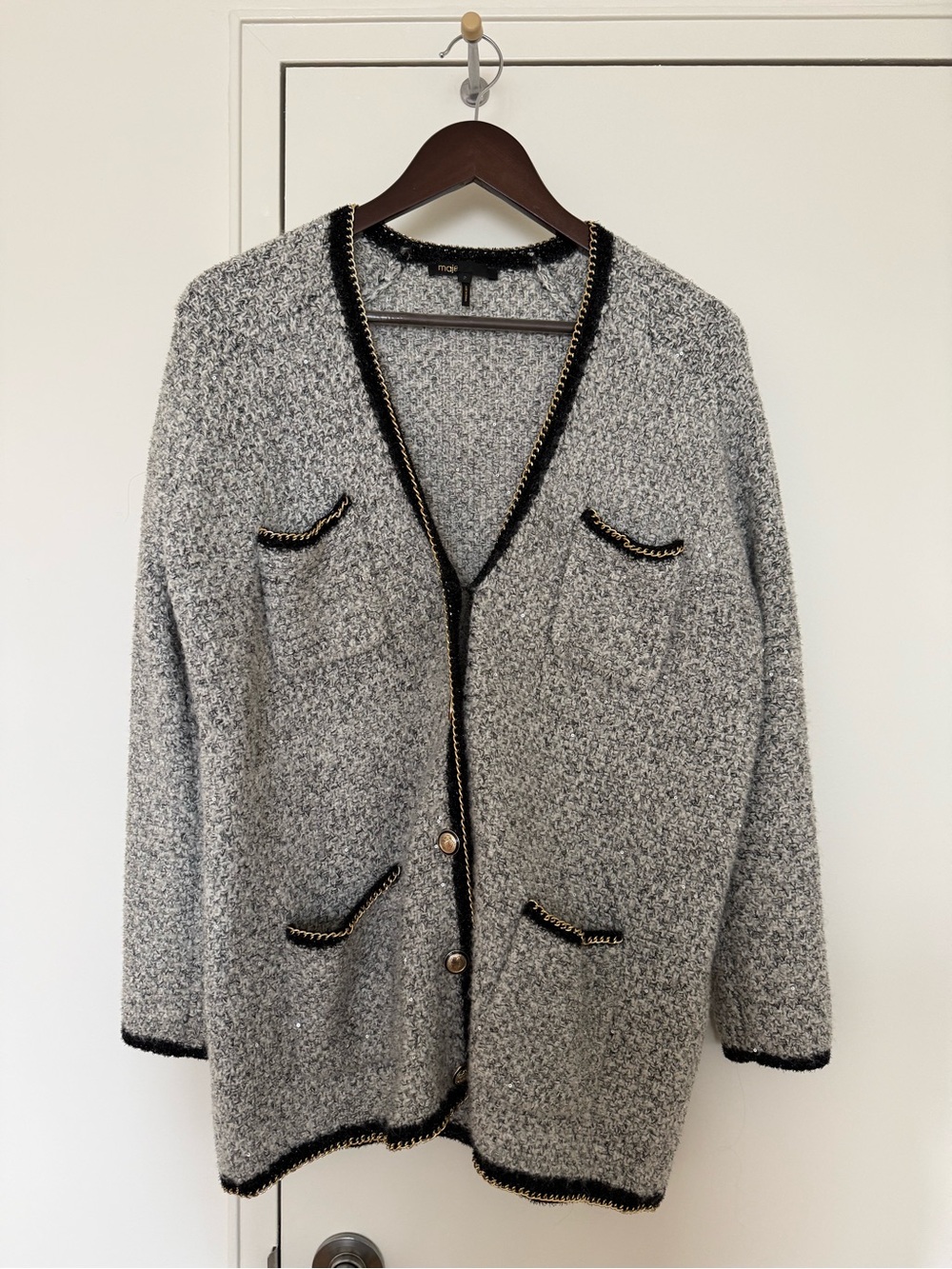 Maje Gray Bouclé Jacket with Black Trim and Gold Accents